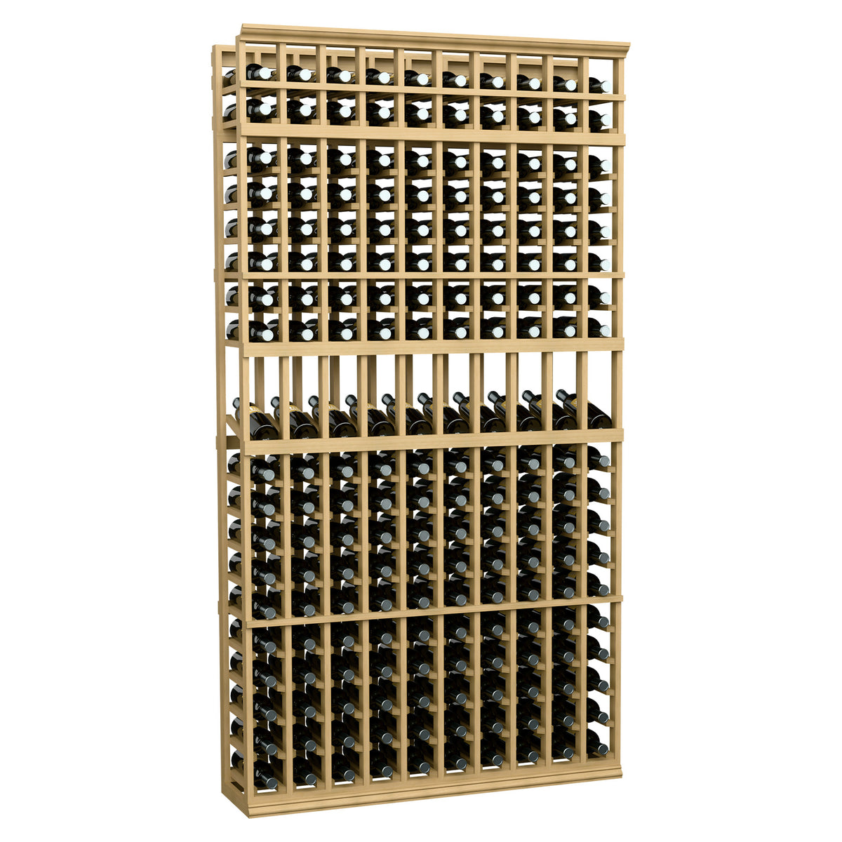 Tall wine bottle display rack with 10 columns, light wood frame holding bottles
