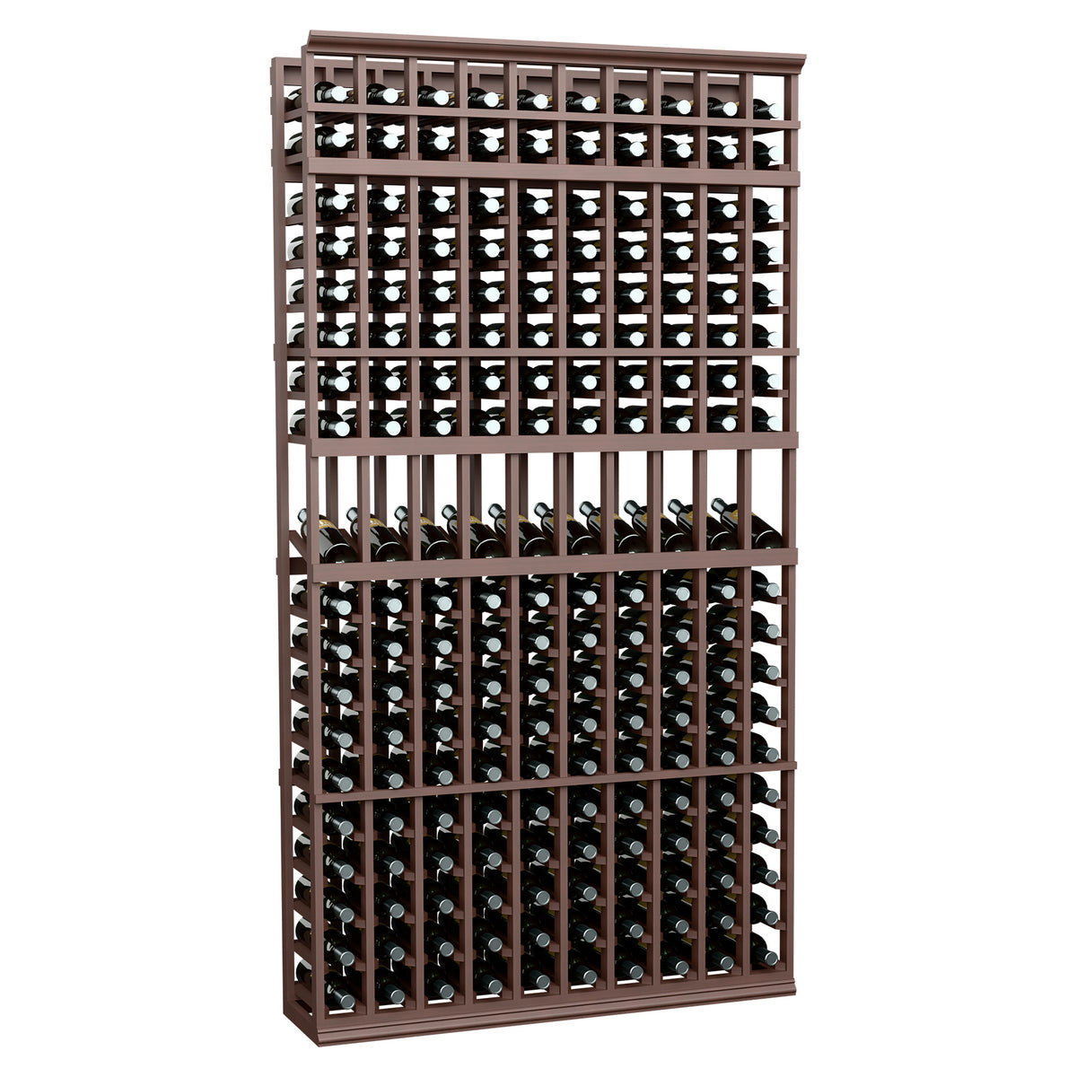Tall wine bottle display rack with 10 columns, dark wood frame holding wine bottles