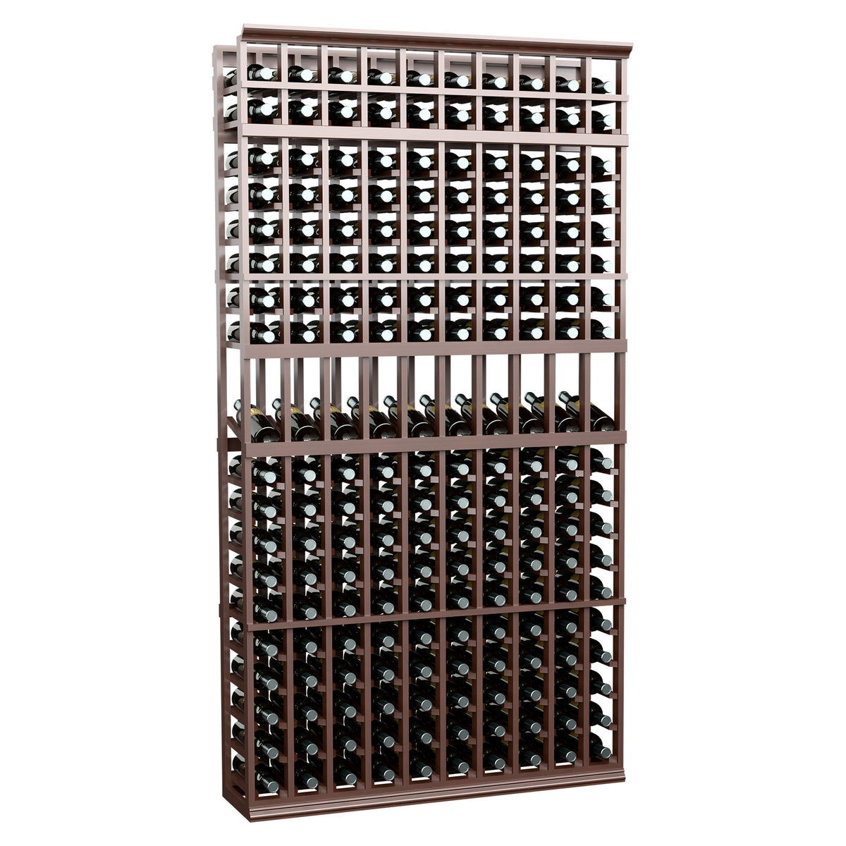 Tall wine bottle display rack with 10 columns, dark wood frame with bottle grid