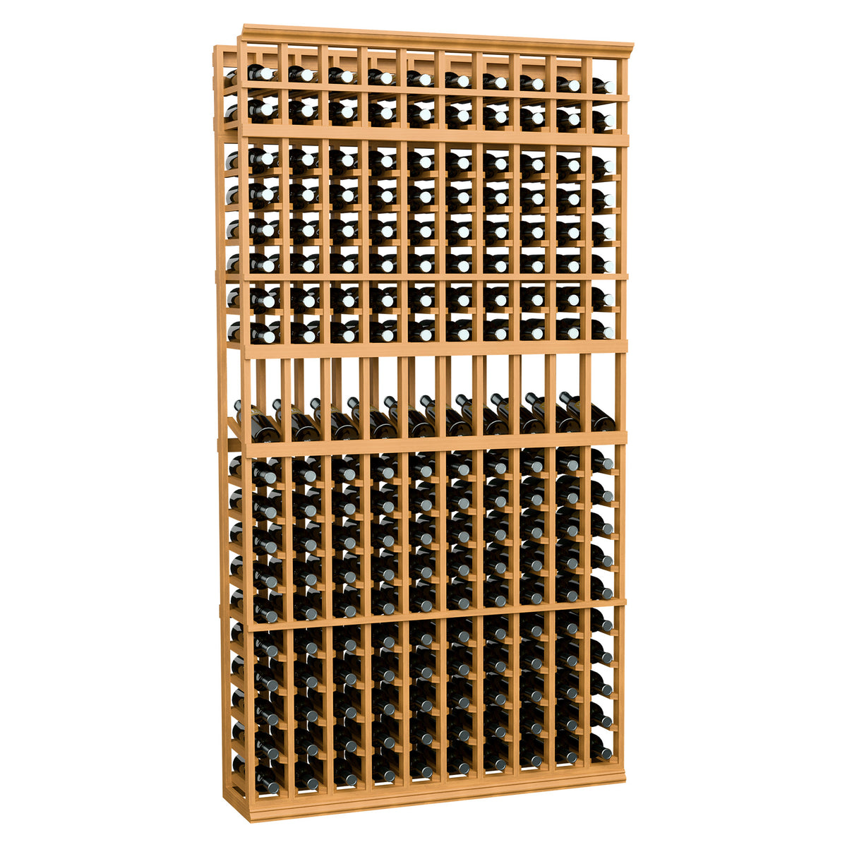 Tall wine bottle display rack with 10 columns, honey wood frame holding bottles