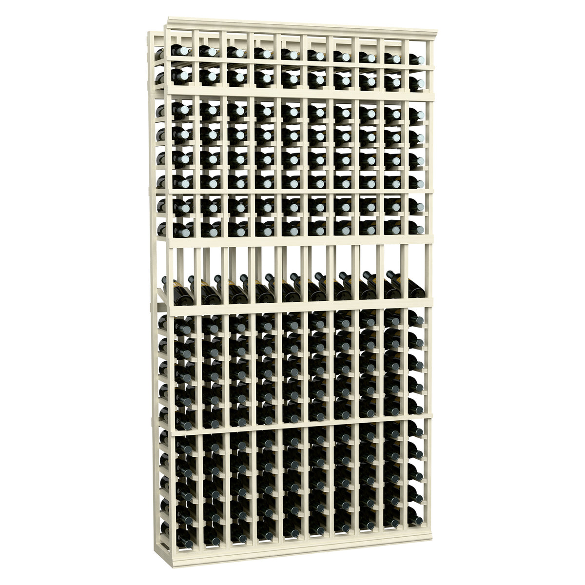 Tall wine bottle display rack with 10 columns, whitewashed wood frame holding bottles