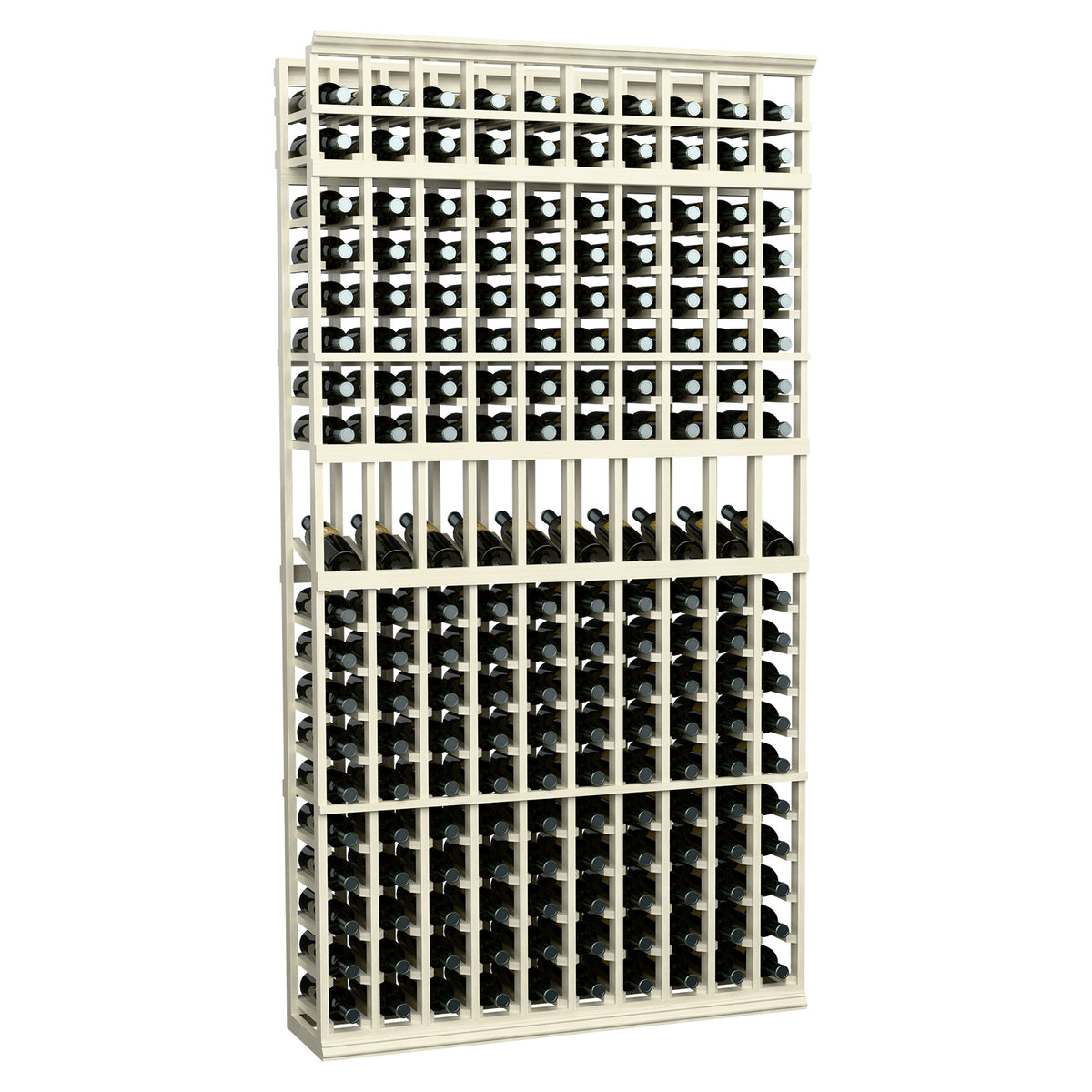 Tall wine bottle display rack with 10 columns, white wood frame holding wine bottles