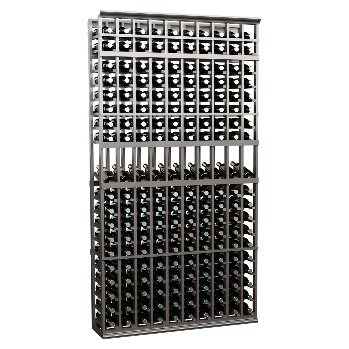 10-column wine bottle display rack with black metal frame and front grid rows