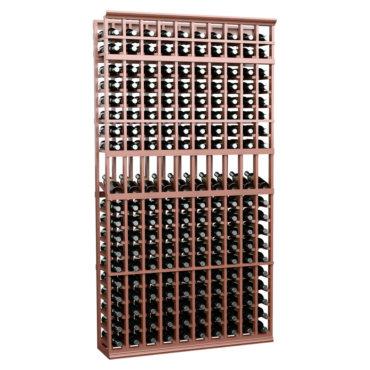 10-column wine bottle display rack with warm brown wood frame and bottle grid