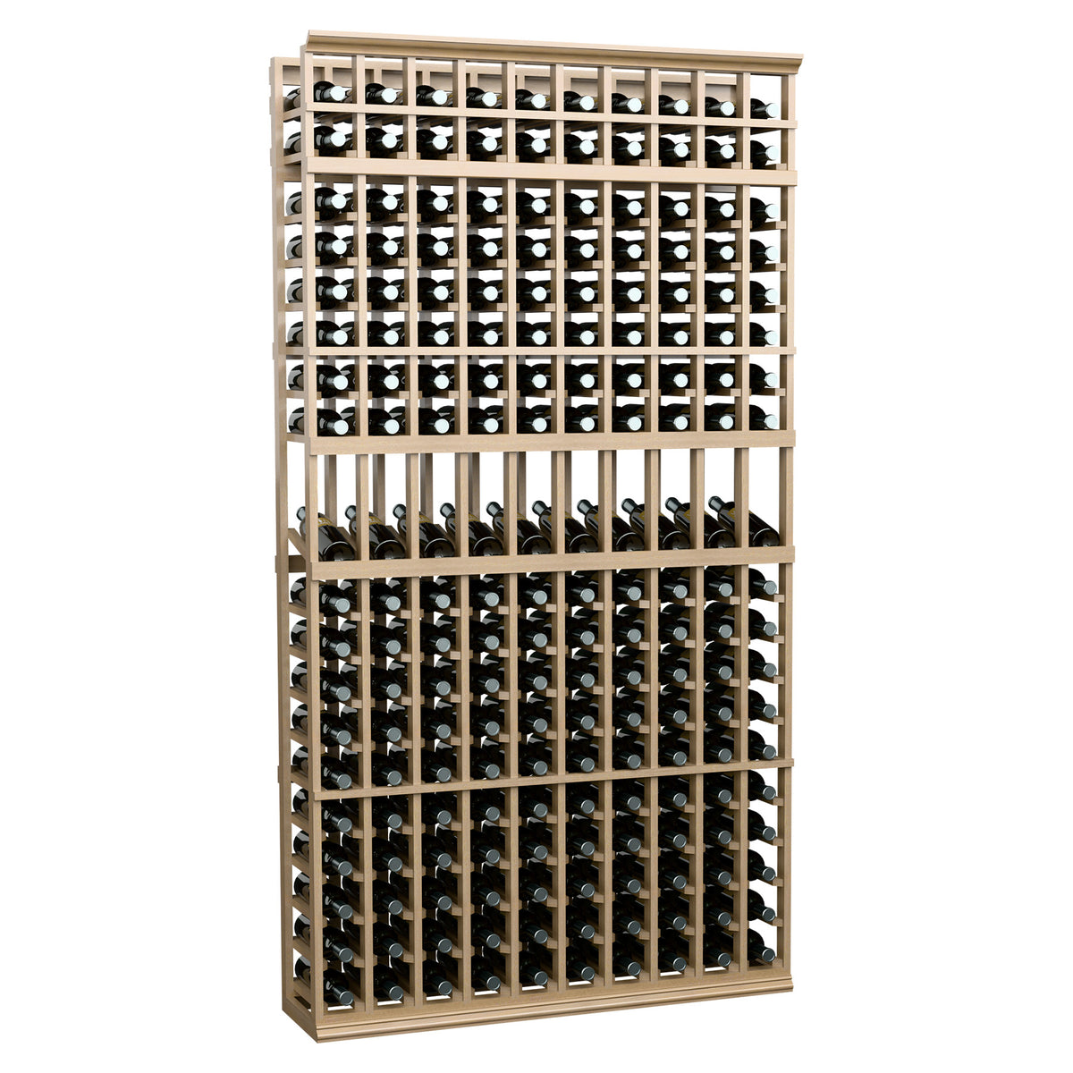 10-column wine bottle display rack with pale wood frame and front bottle storage grid