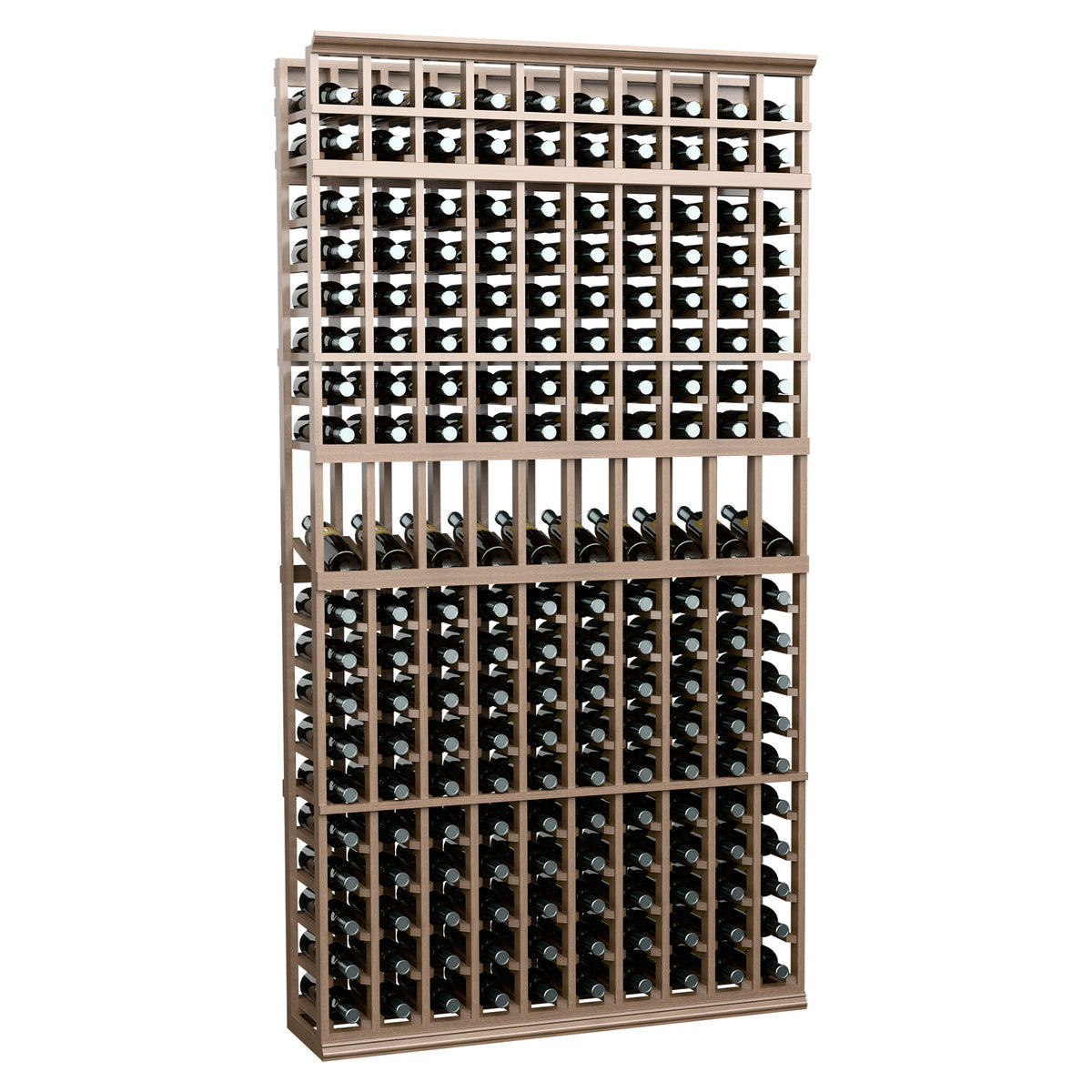 10-column wine bottle display rack with light-medium wood frame and bottle grid