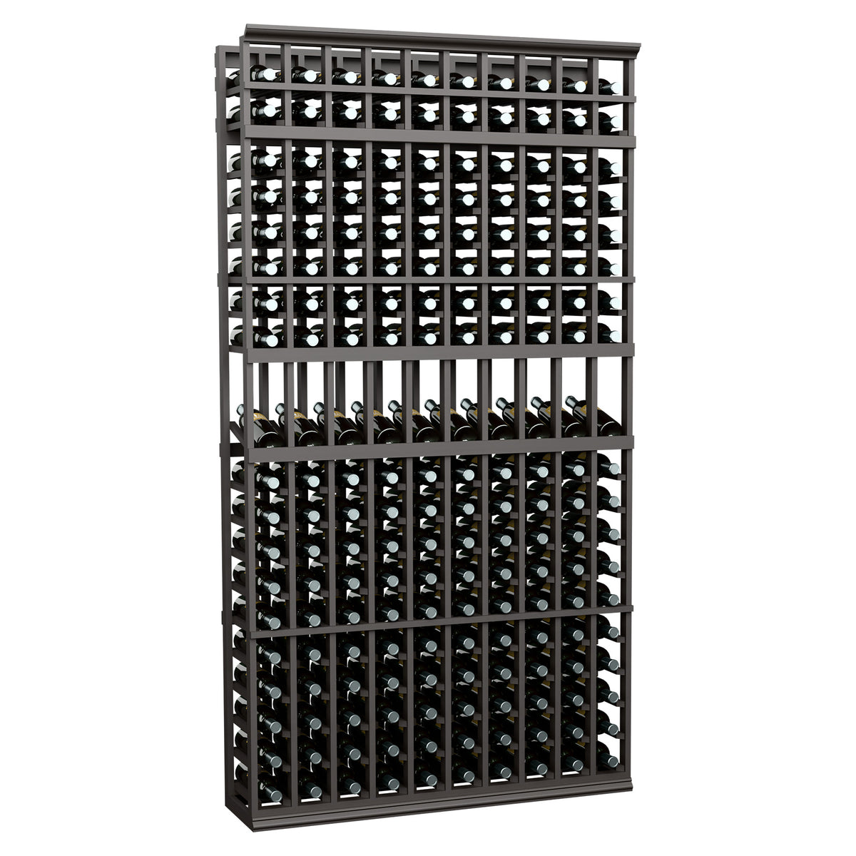 10-column wine bottle display rack with dark metal frame and multi-row grid