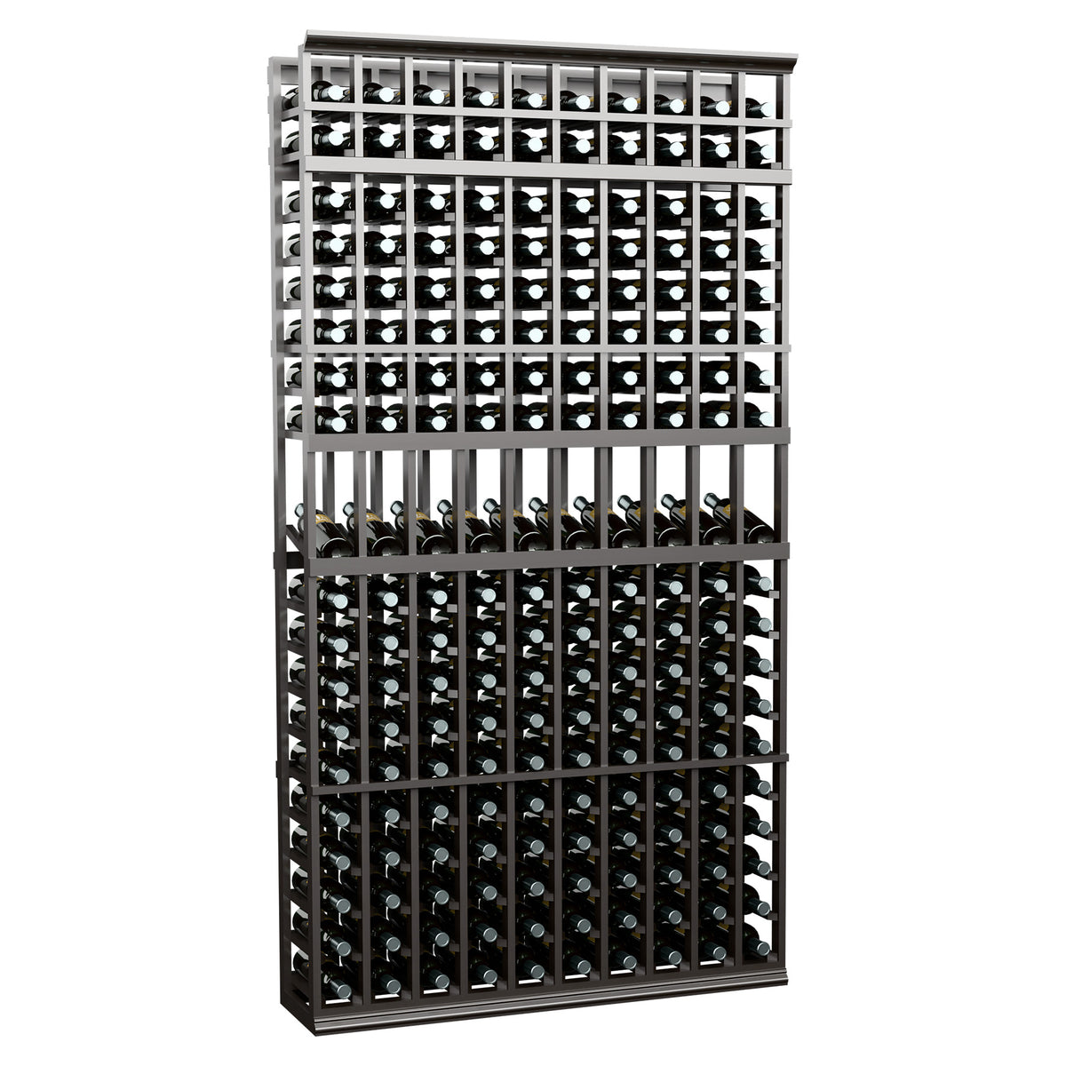 10-column wine bottle display rack with black metal frame and bottle row compartments