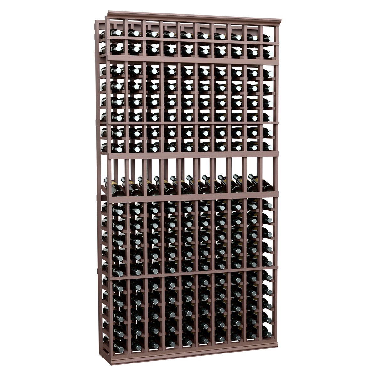 Dark brown 10-column 7ft wine bottle display rack with front bottle grid