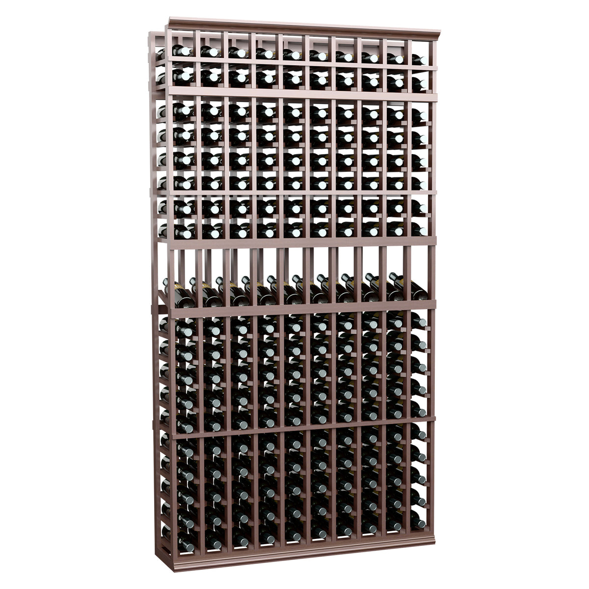 Dark brown 10-column wine bottle rack, 7ft tall, front view