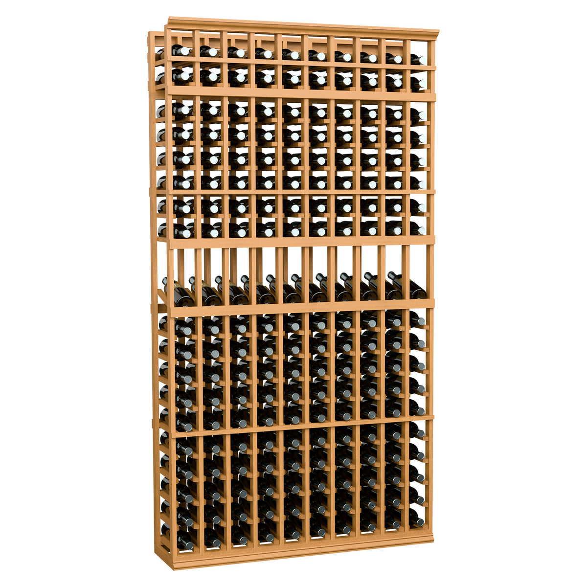 Natural wood 10-column 7ft wine bottle display rack with front bottle grid