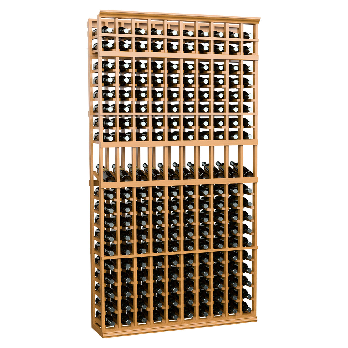Light tan 10-column 7ft wine bottle display rack with front bottle grid