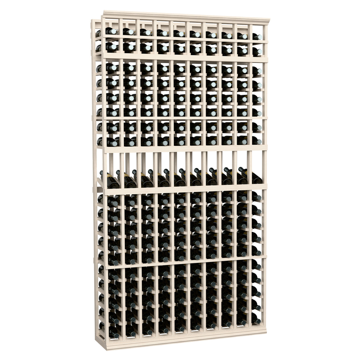 White 10-column 7ft wine bottle display rack with front bottle grid