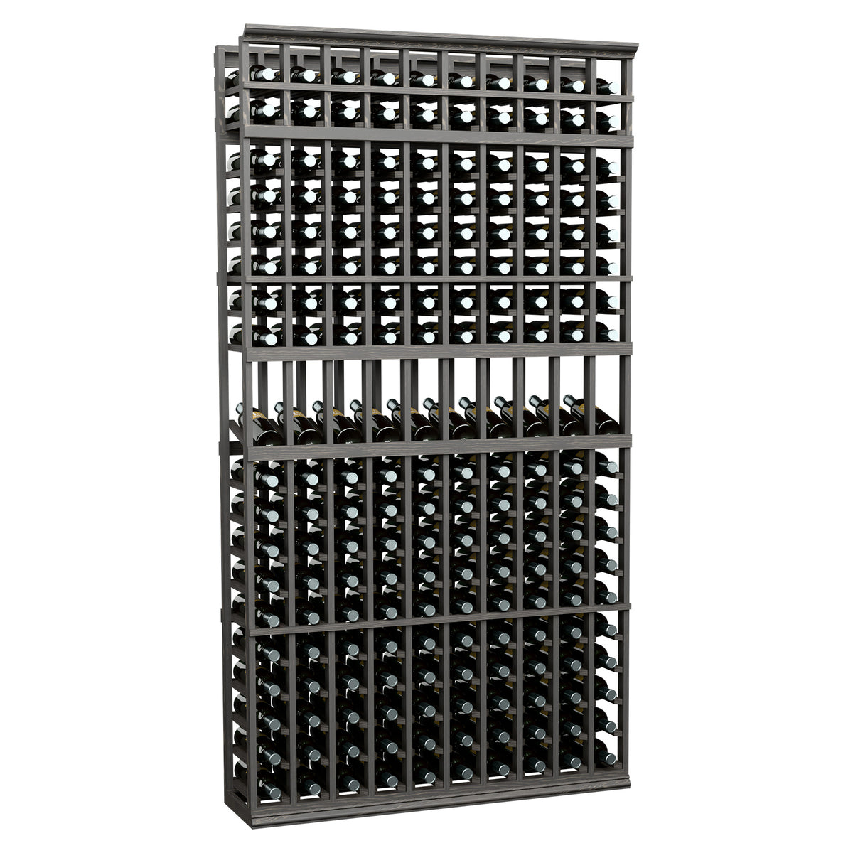 Black 10-column wine bottle display rack with metal grid and multi-tier holders