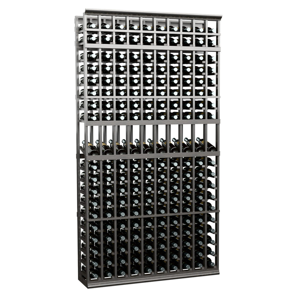 Black 10-column wine bottle rack with front metal grid and multi-tier bottle slots