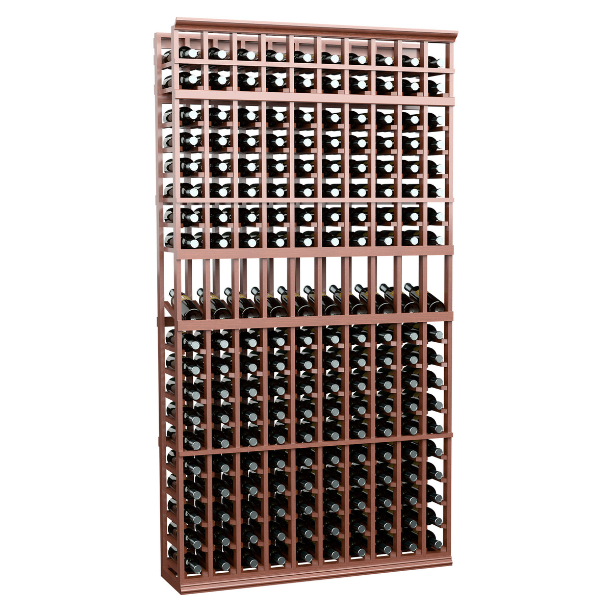 Red-brown 10-column wine rack with wood lattice front and multi-tier bottle slots