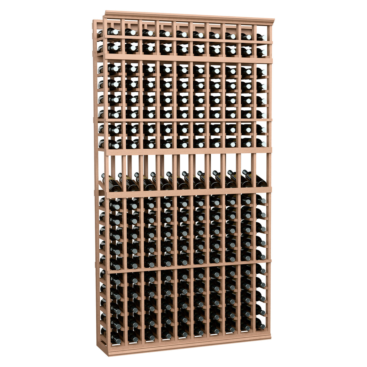 Light wood 10-column wine bottle display rack with grid bottle holders and tiers