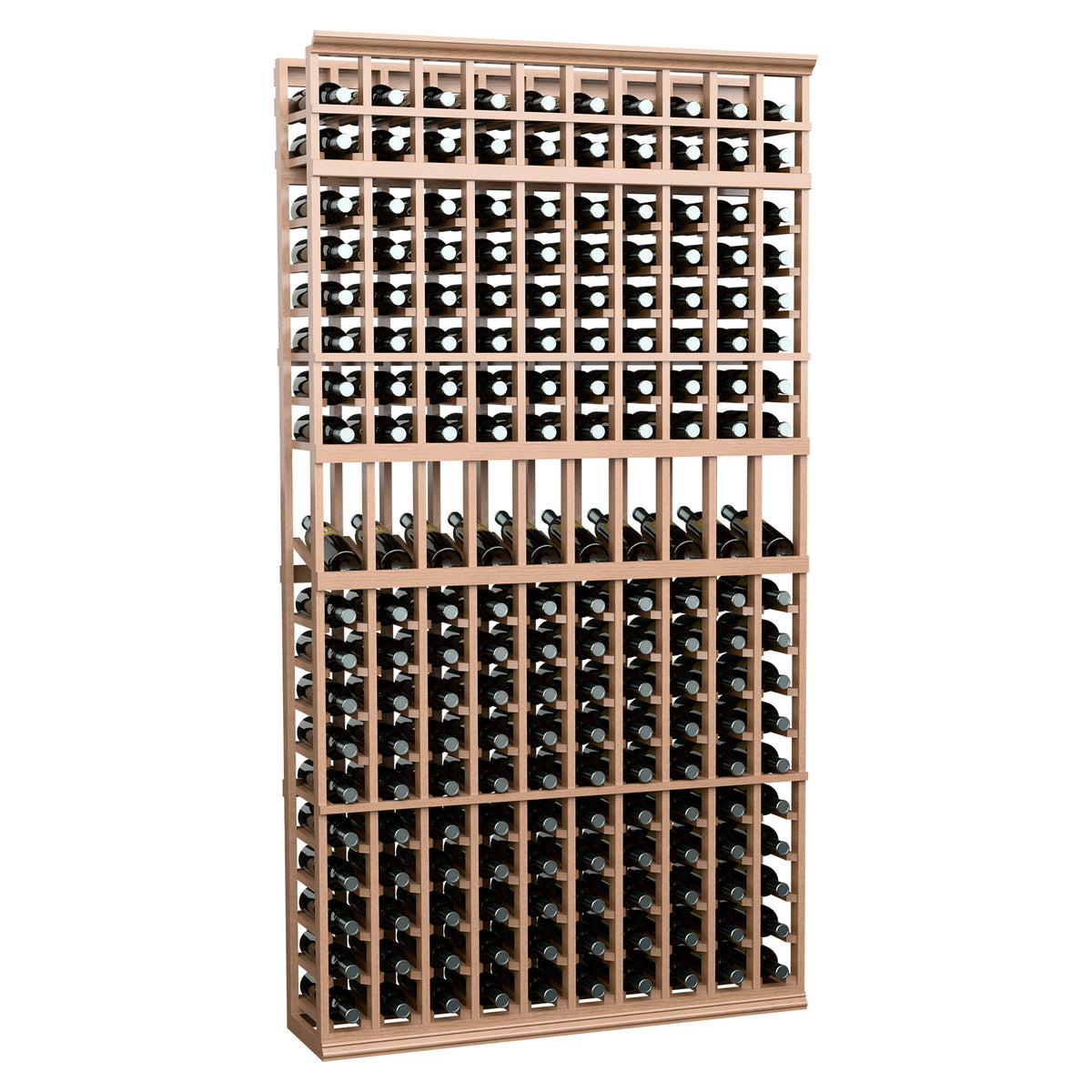 Light tan 10-column wine bottle display rack with vertical lattice and multi-tier slots