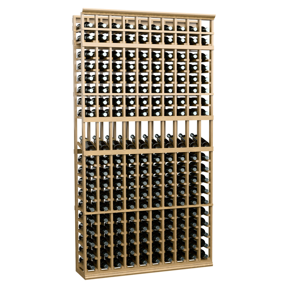 Light wood 10-column wine bottle display rack with grid front and multi-tier bottle slots