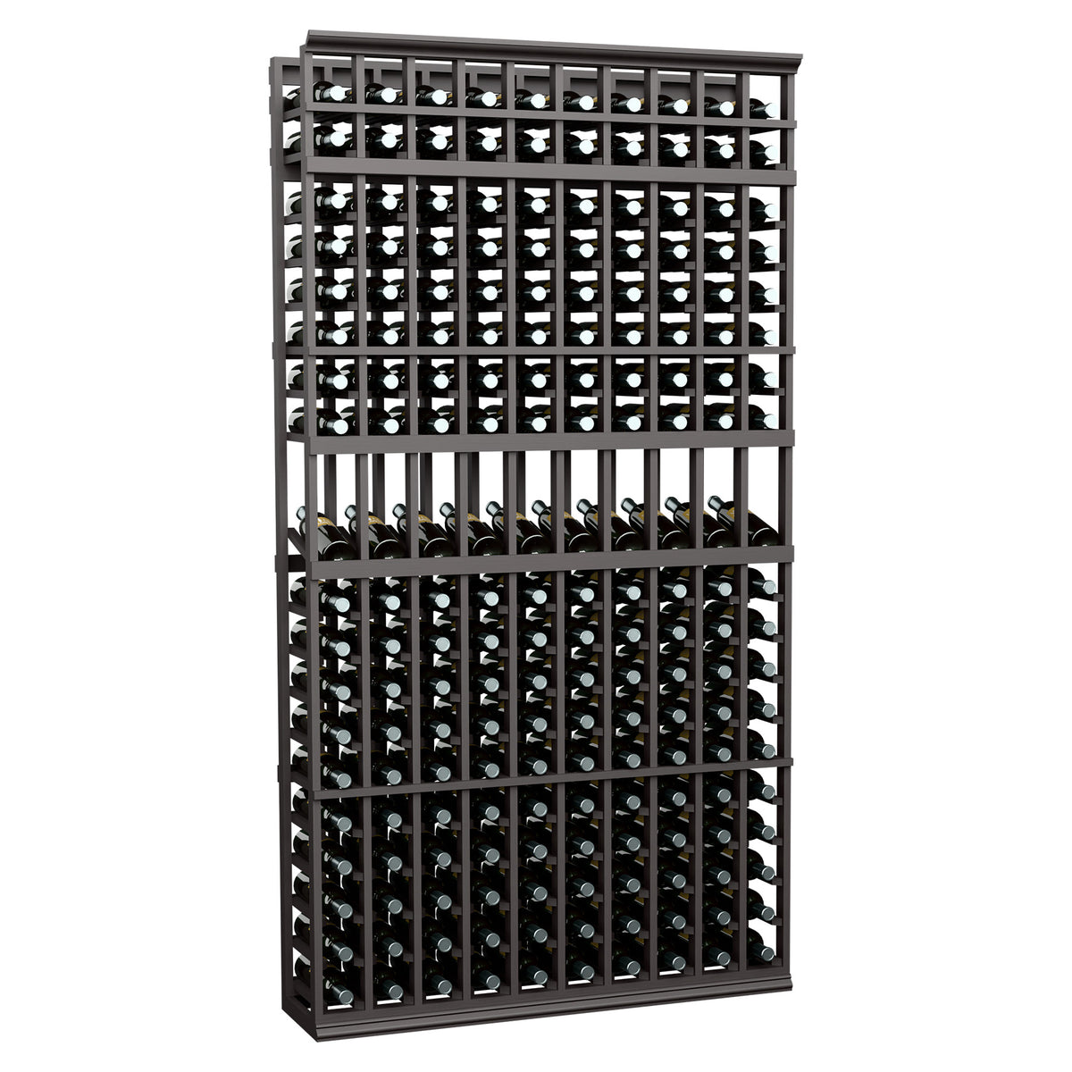 Black 10-column wine bottle display rack with metal grid and multi-tier bottle slots