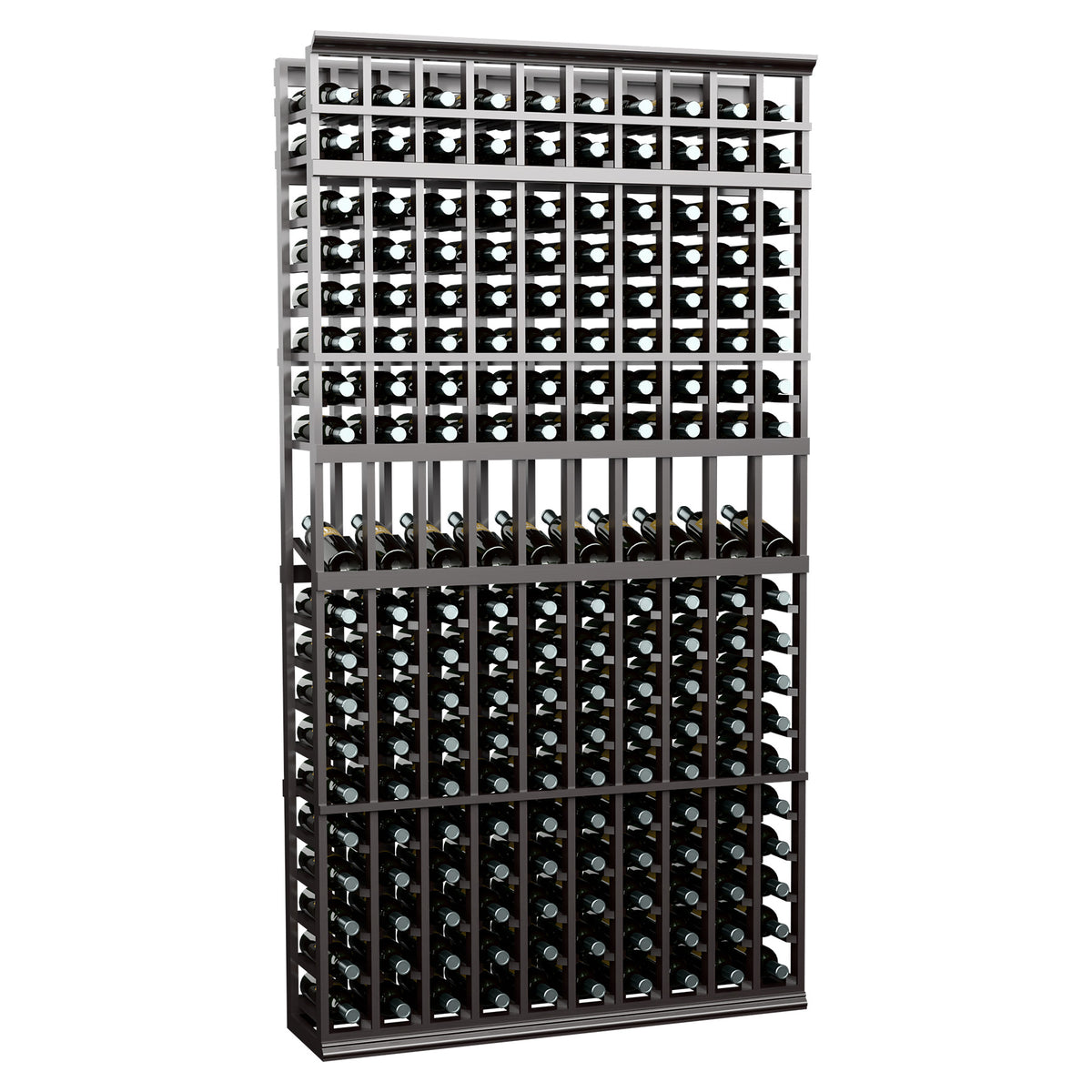 Black 10-column wine bottle display rack with front metal grid and stacked bottle holders