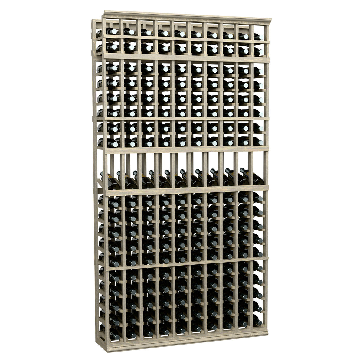 10-column wine bottle display rack, 7 ft, white wood frame with open bottle slots