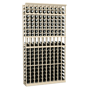 10-column wine bottle display rack, 7 ft, light wood frame holding dark wine bottles