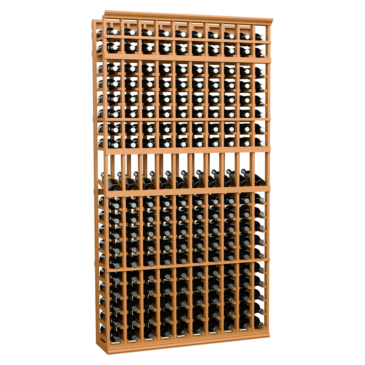 10-column wine bottle display rack, 7 ft, natural wood frame with bottle storage rows
