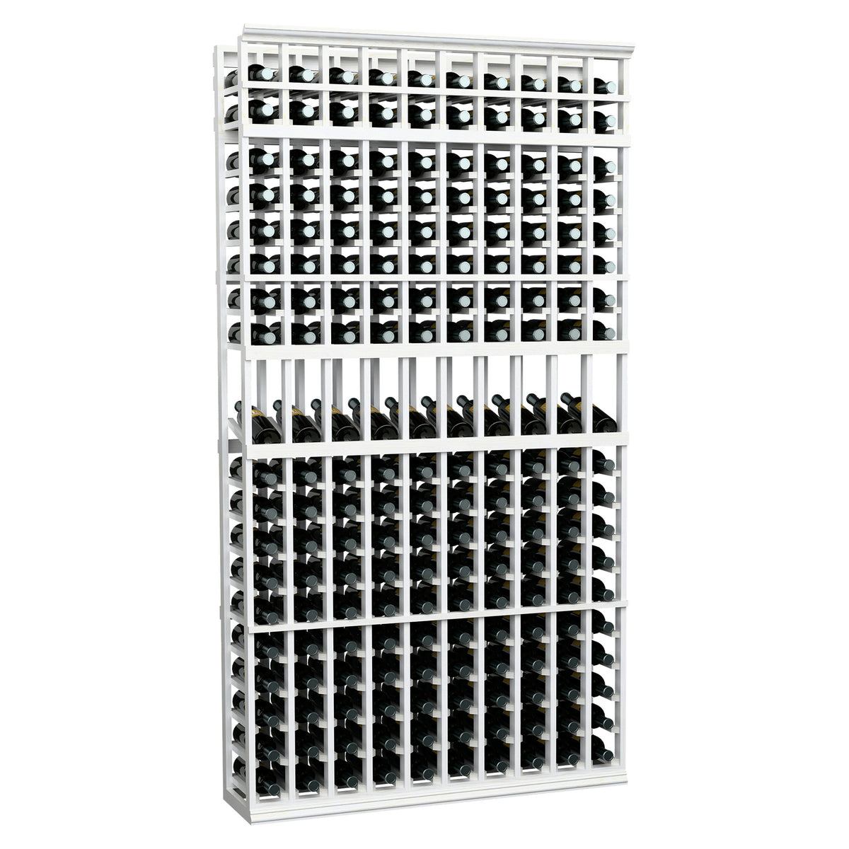 10-column wine bottle display rack, 7 ft, pale white frame with stacked wine bottle slots