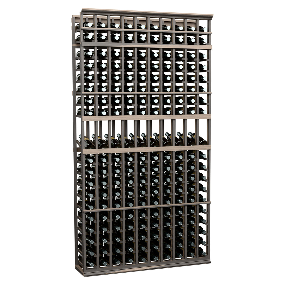 10-column wine bottle display rack in dark stained wood with metal grid