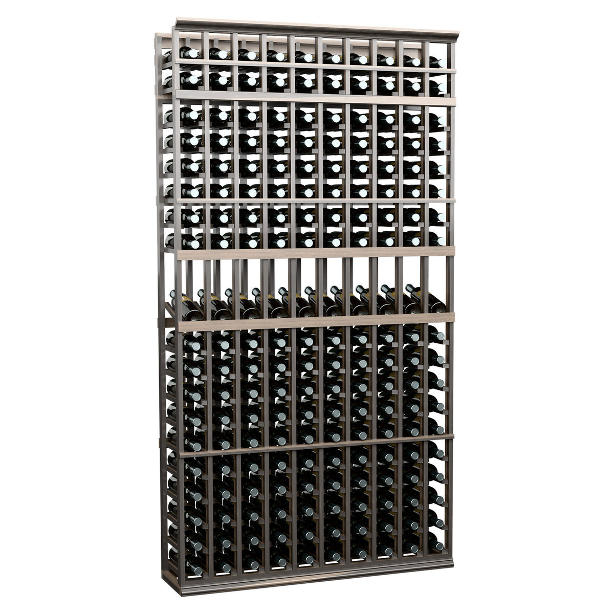 10-column wine bottle display rack in gray-washed wood with metal grid