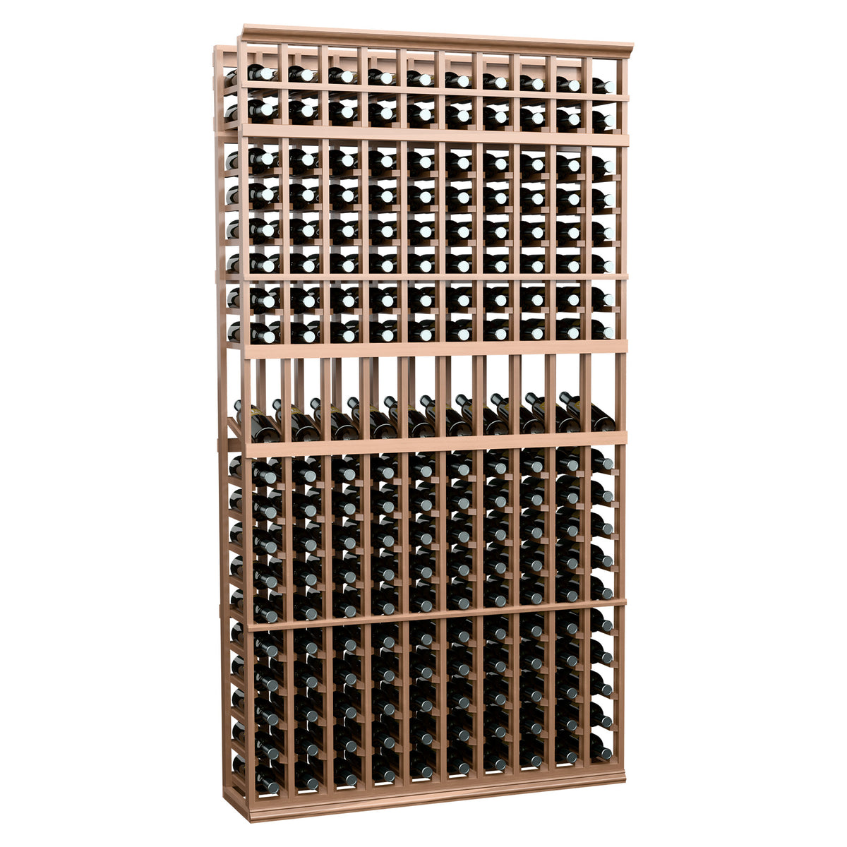 10-column wine bottle display rack in light wood stained finish with metal grid