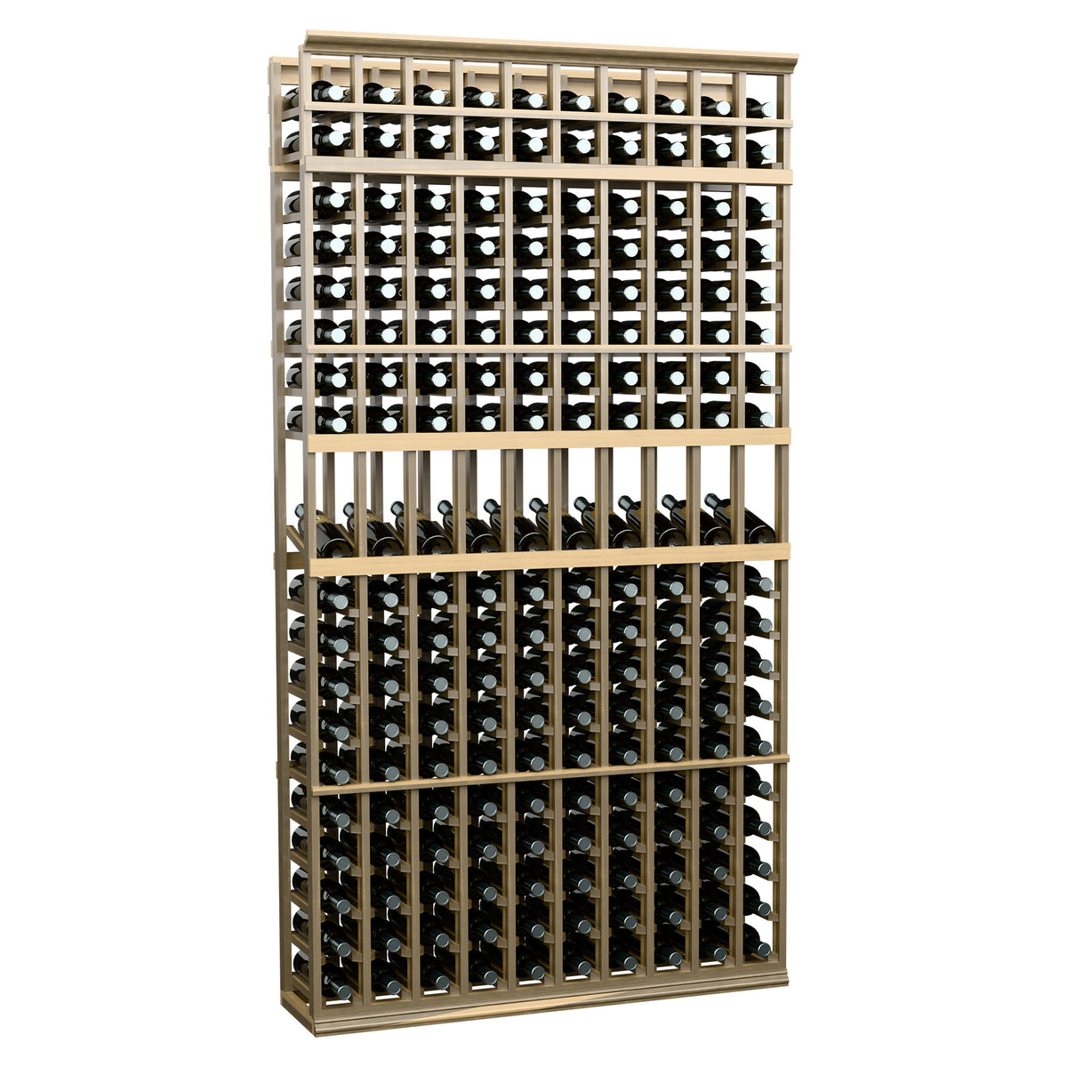 10-column wine bottle display rack in pale wood stained finish with metal grid