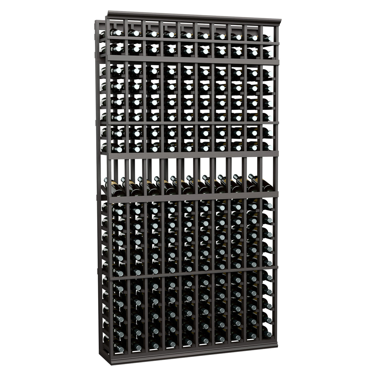 10-column wine bottle display rack in dark charcoal stained wood with metal grid