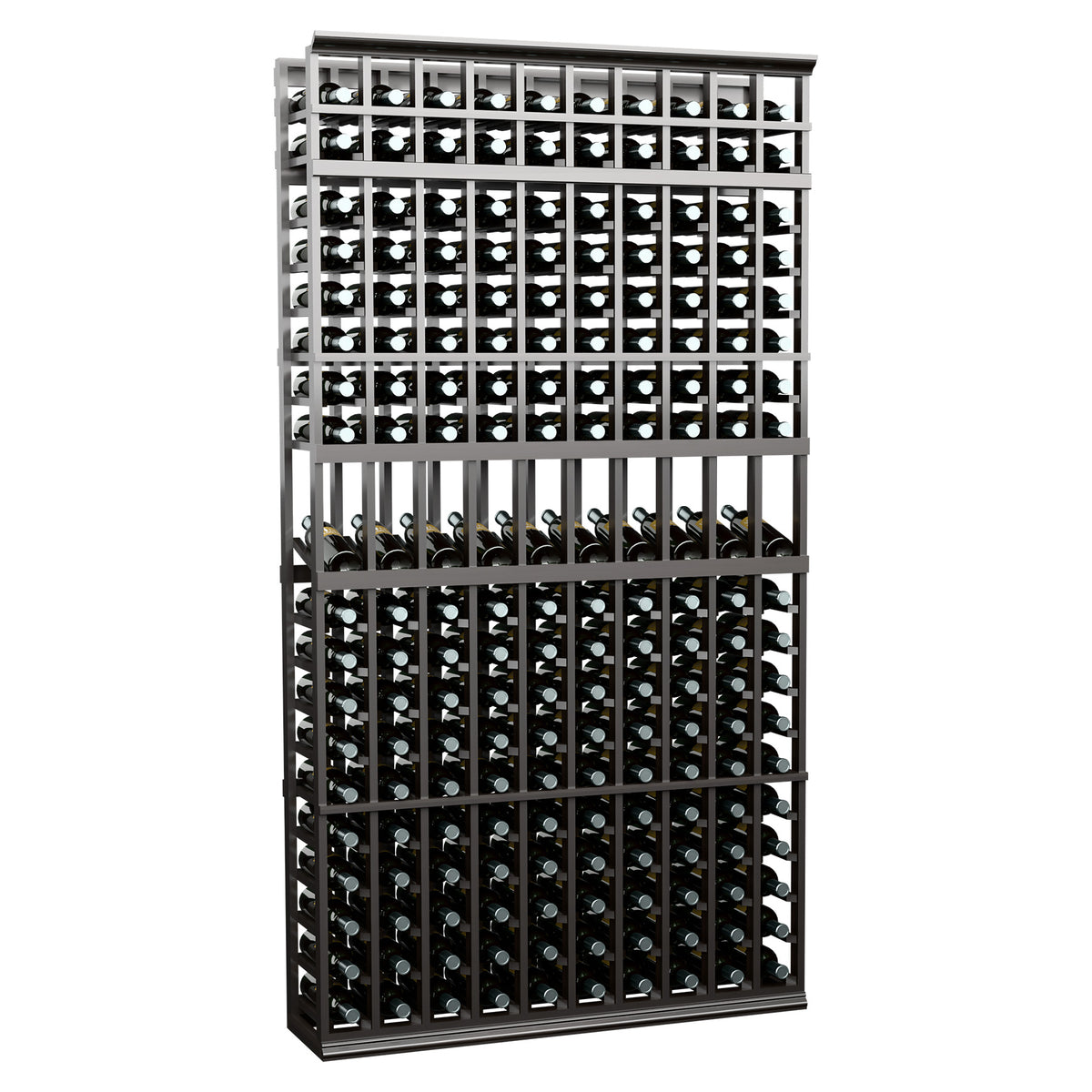 10-column wine bottle display rack in grayish stained wood with metal grid