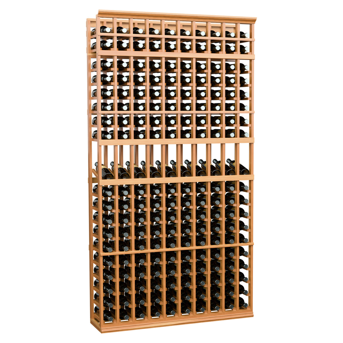 Warm wood 10-column wine bottle display rack with black bottles in evenly spaced slots
