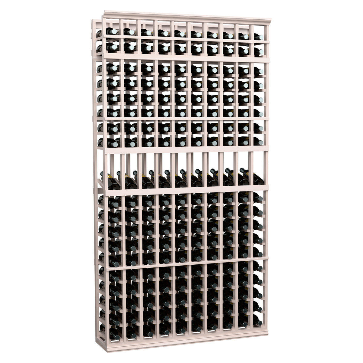 Front view weathered gray wood 10-column wine bottle display rack with bottles in slots