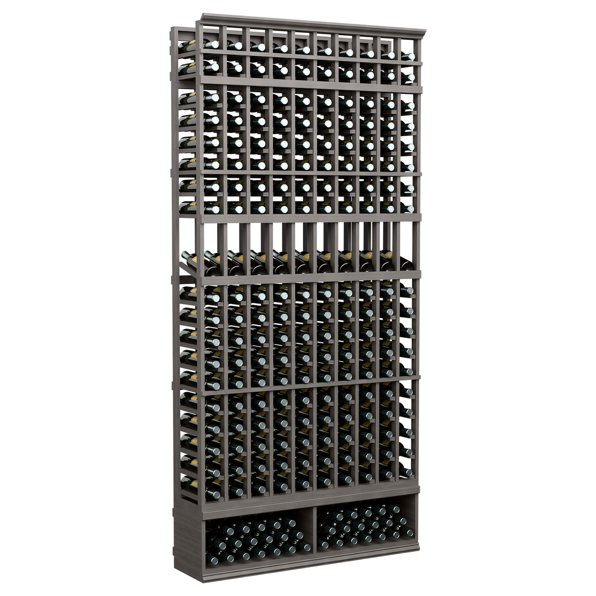 10-column bottle display rack, dark wood frame with bottle slot grid