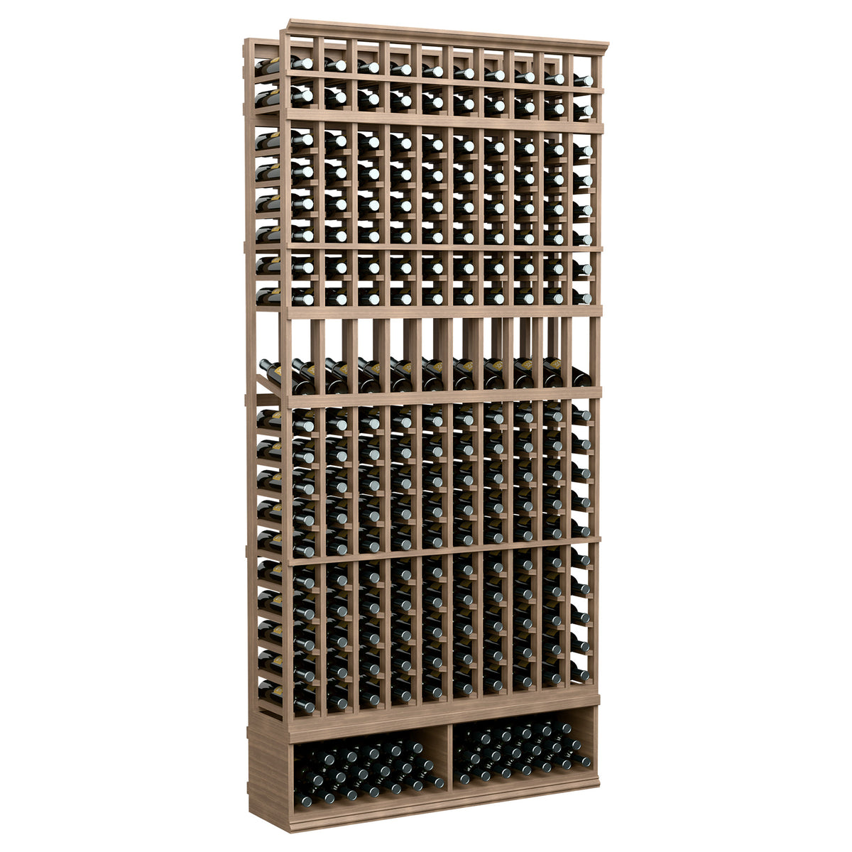 10-column bottle display rack, mid-tone wood frame with bottle slot grid