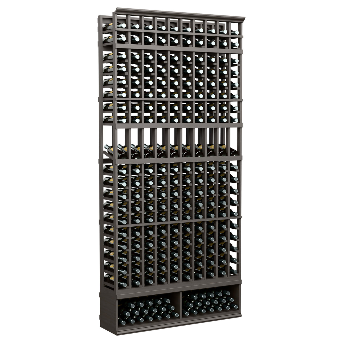 10-column bottle display rack, dark wood frame with bottle slot grid and base