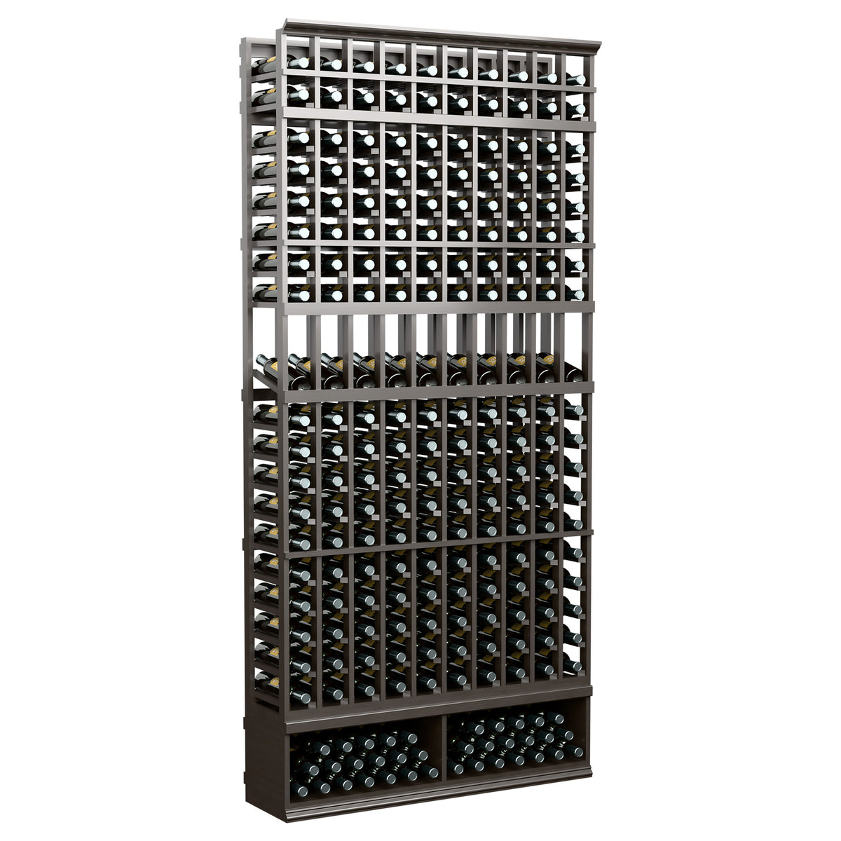 10-column bottle display rack, charcoal-toned wood frame with bottle slot grid