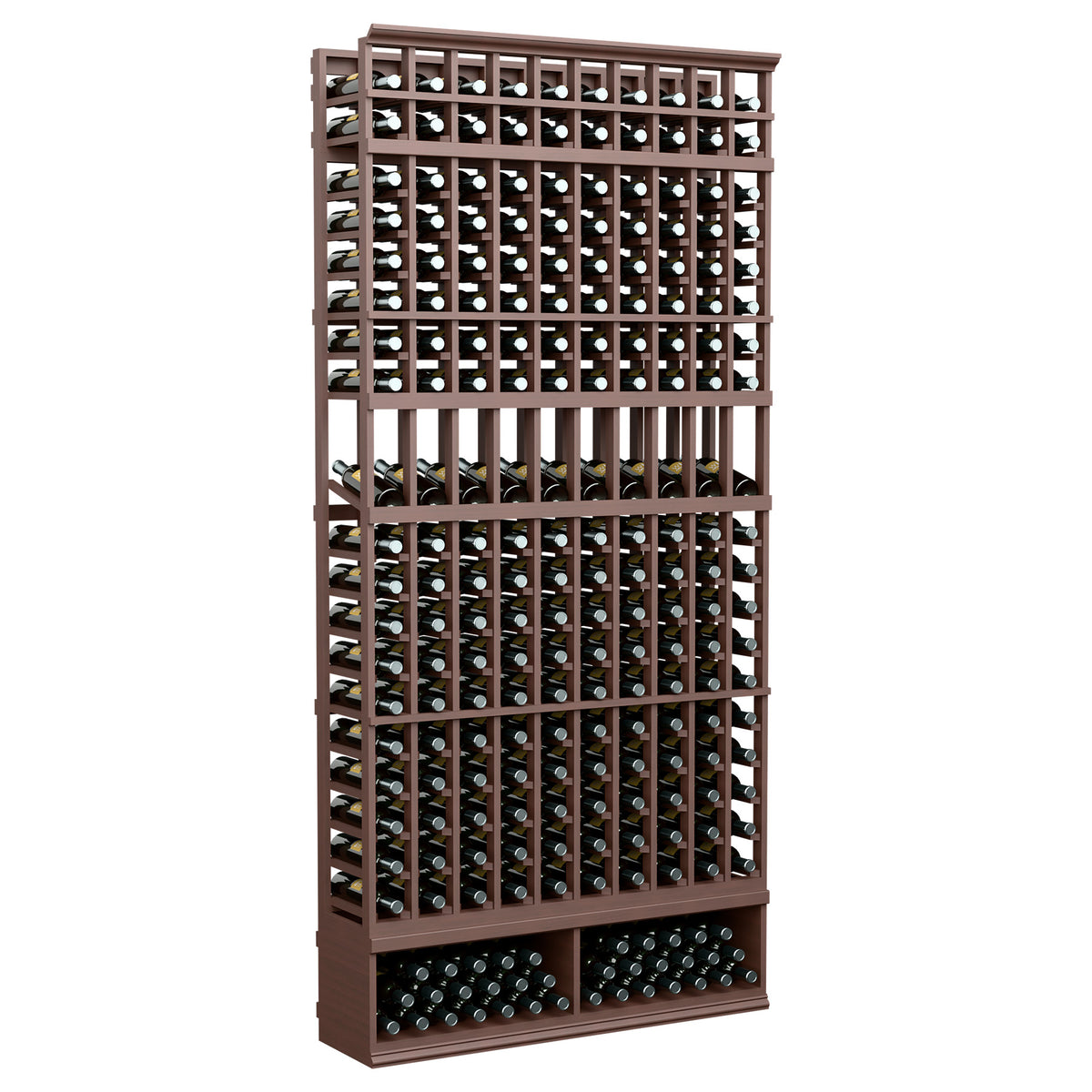 10-column wine bottle display rack, dark wood frame with black bottle holders