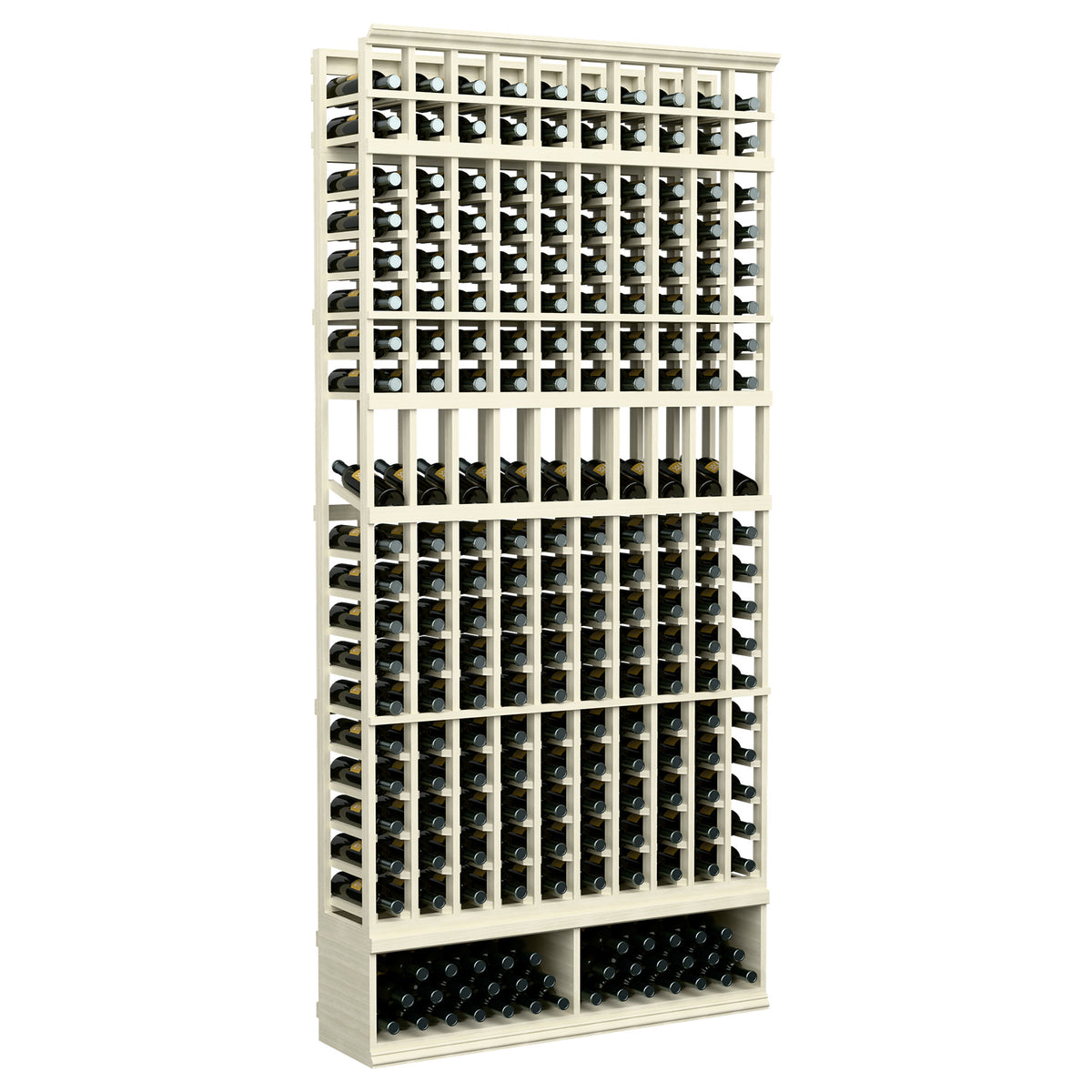 10-column wine bottle display rack, white-wash wood frame with black bottle holders