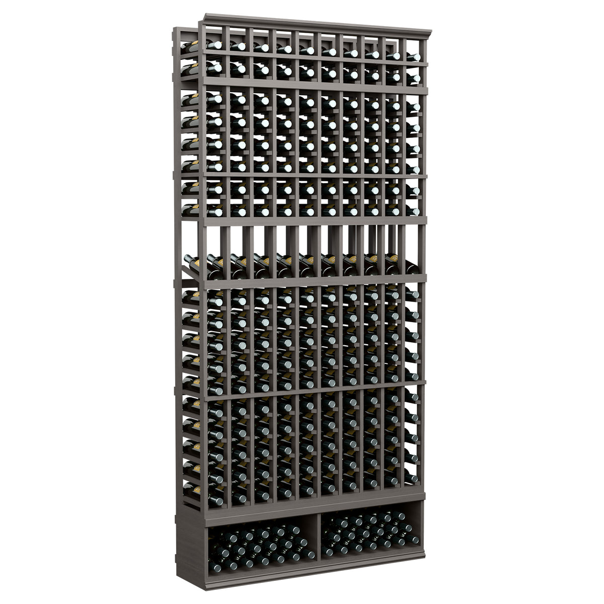 Dark gray wine bottle display rack with 10 columns and front row bottles