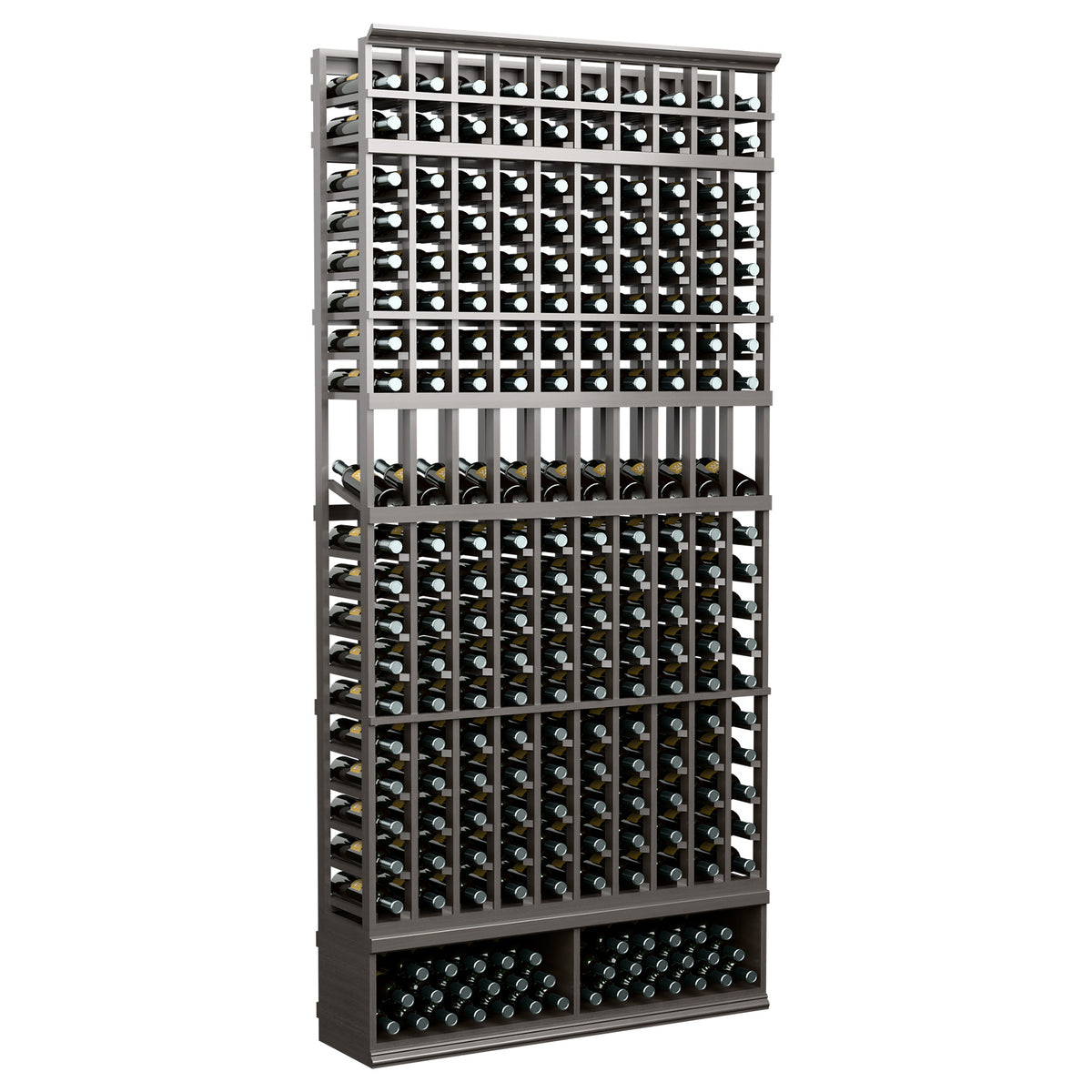 Dark gray 10-column wine bottle display rack with stacked bottle compartments