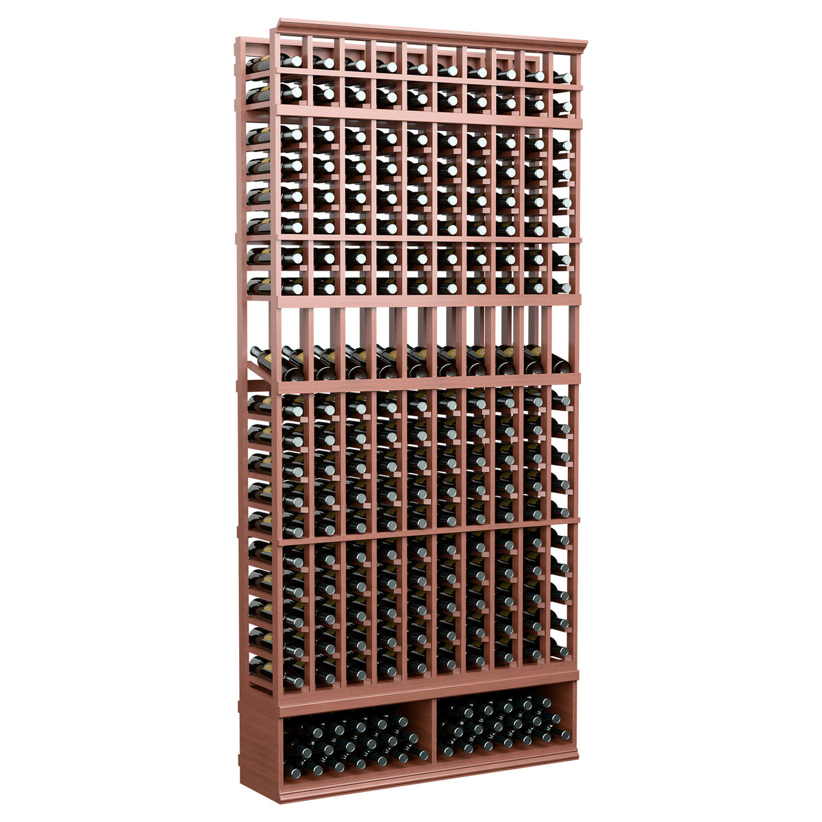 Warm reddish 10-column wine bottle display rack with glass bottle storage