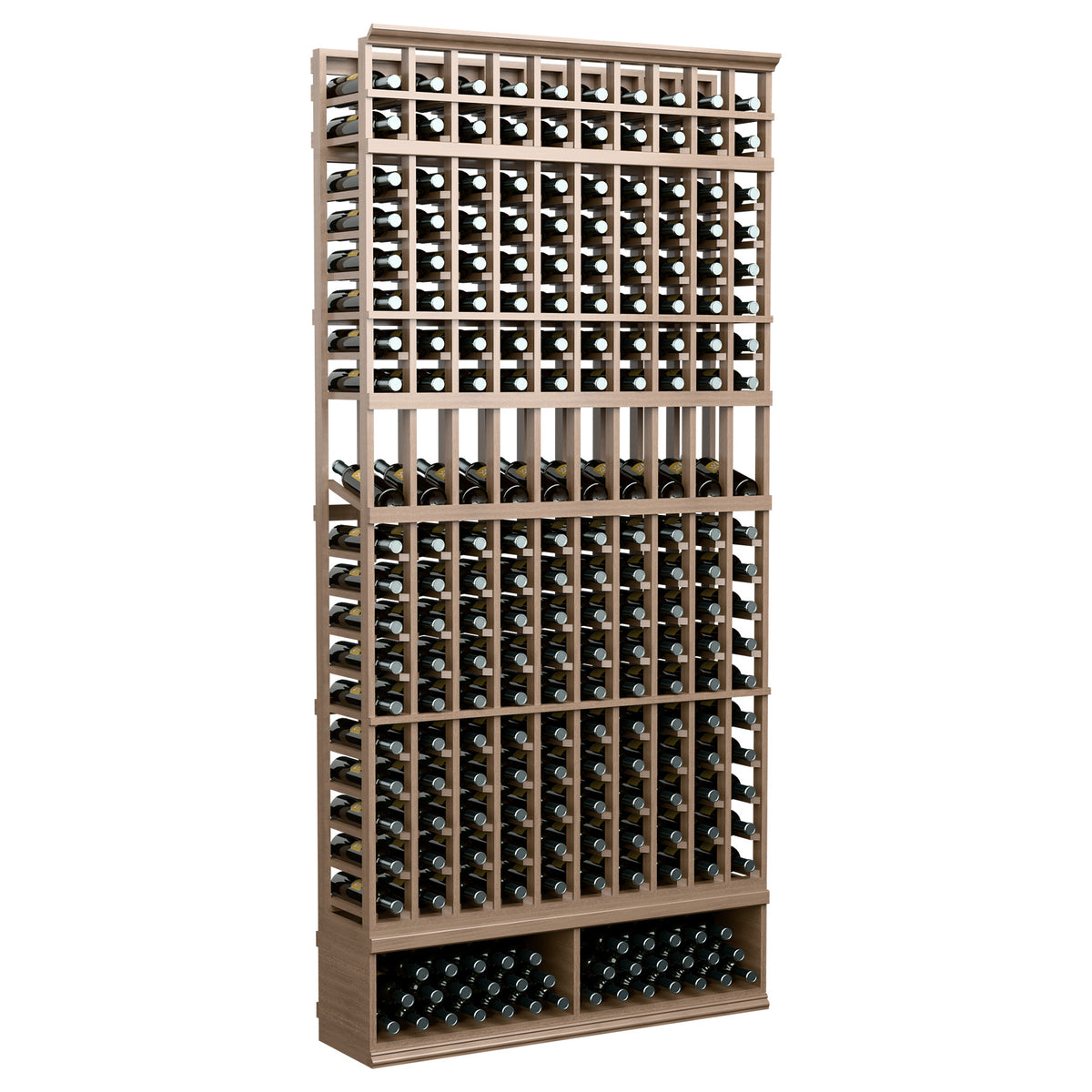 Light tan 10-column wine bottle display rack with bottle compartments across shelves