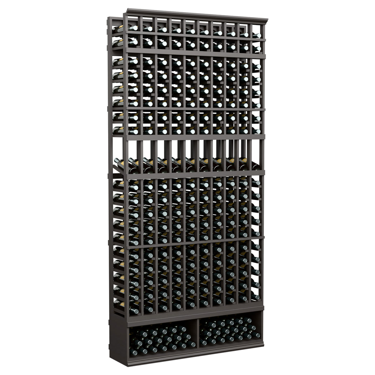 Dark gray wine bottle display rack with 10 columns and bottle rows