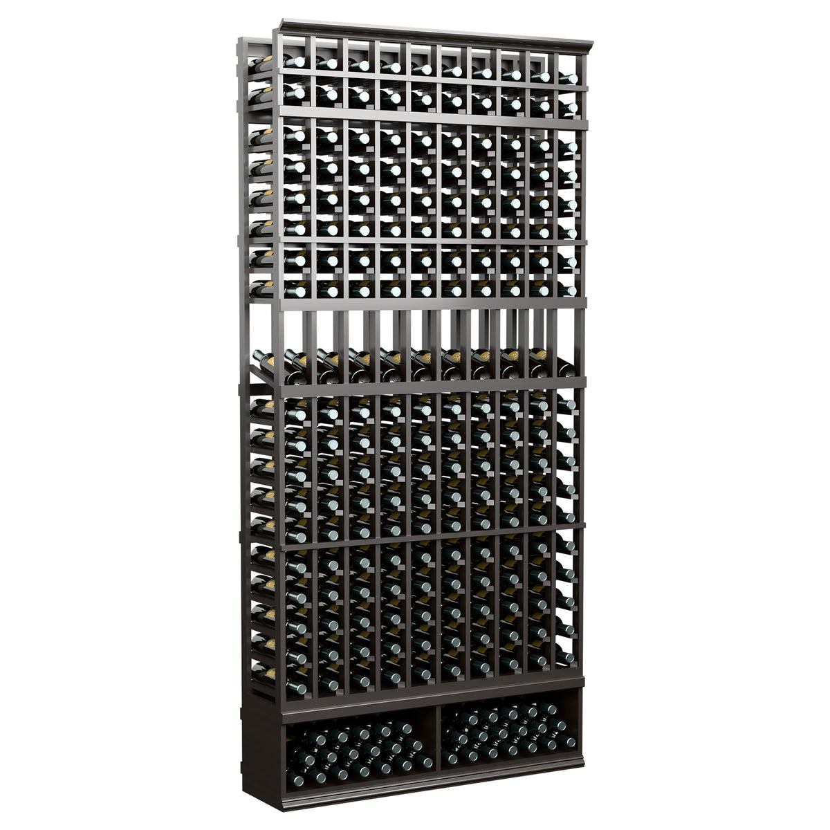 Dark gray wine bottle display rack with 10 columns and front bottle storage