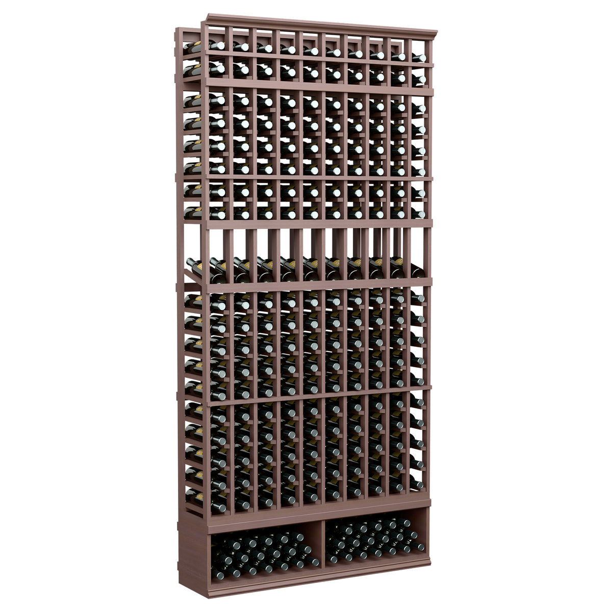 10-column wine bottle display rack, dark brown wood frame with bottle rows